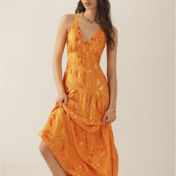 Anthropologie Dresses & Skirts - Farm Rio x Anthropologie Orange/Gold V-Neck Tiered Maxi Dress, Size S